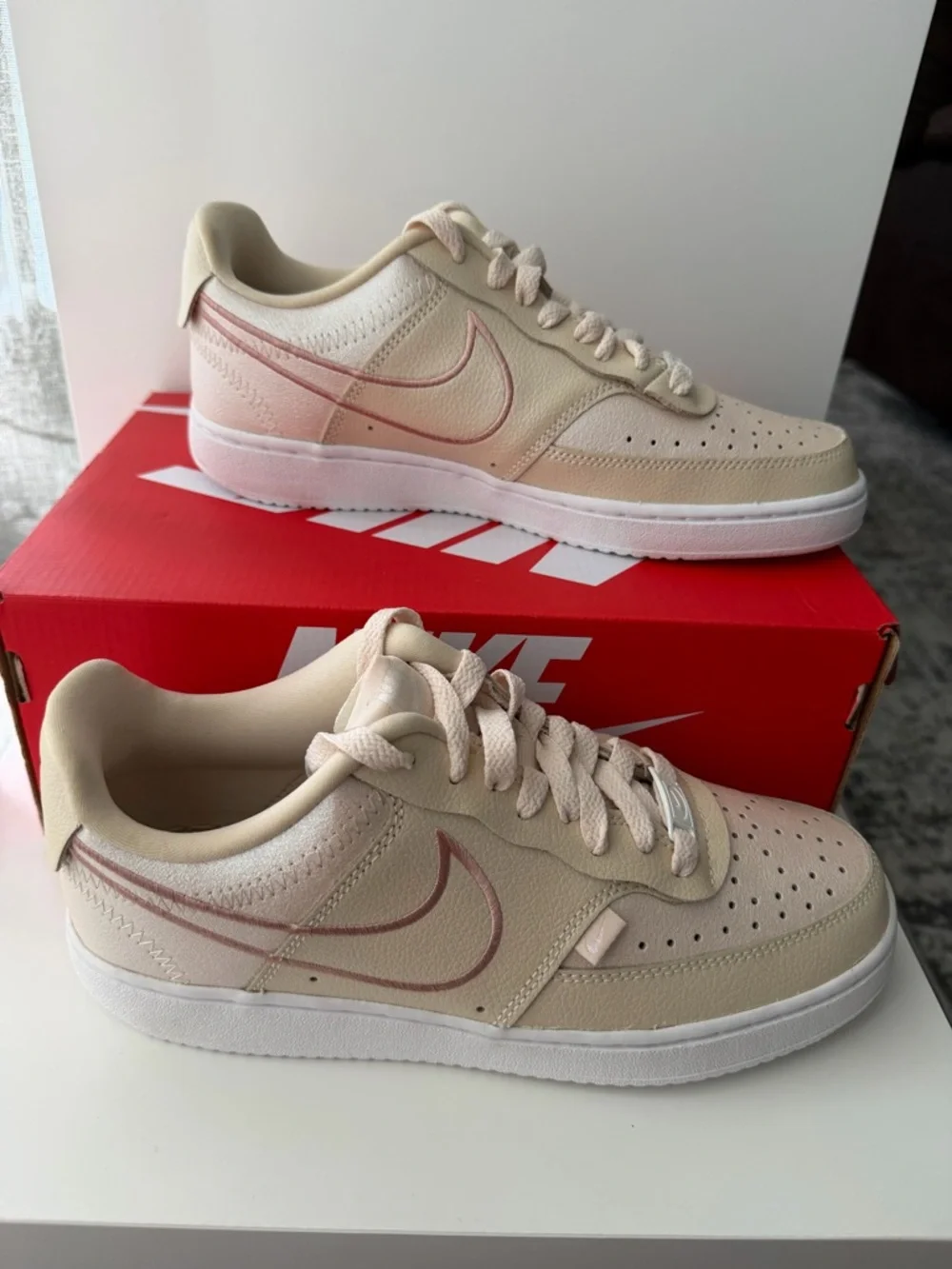 NIKE Women’s Court Vision Low Premium Sneakers-Size 8-Pearl White/Sail Metallic